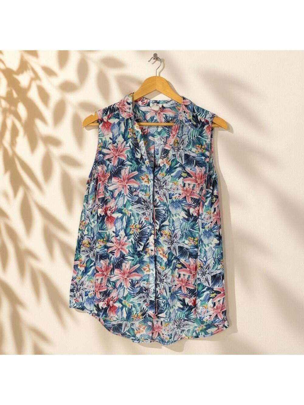 H&M Shirt Women 14 Blue Floral Button Up Collared Sleeveless Wide Strap Casual